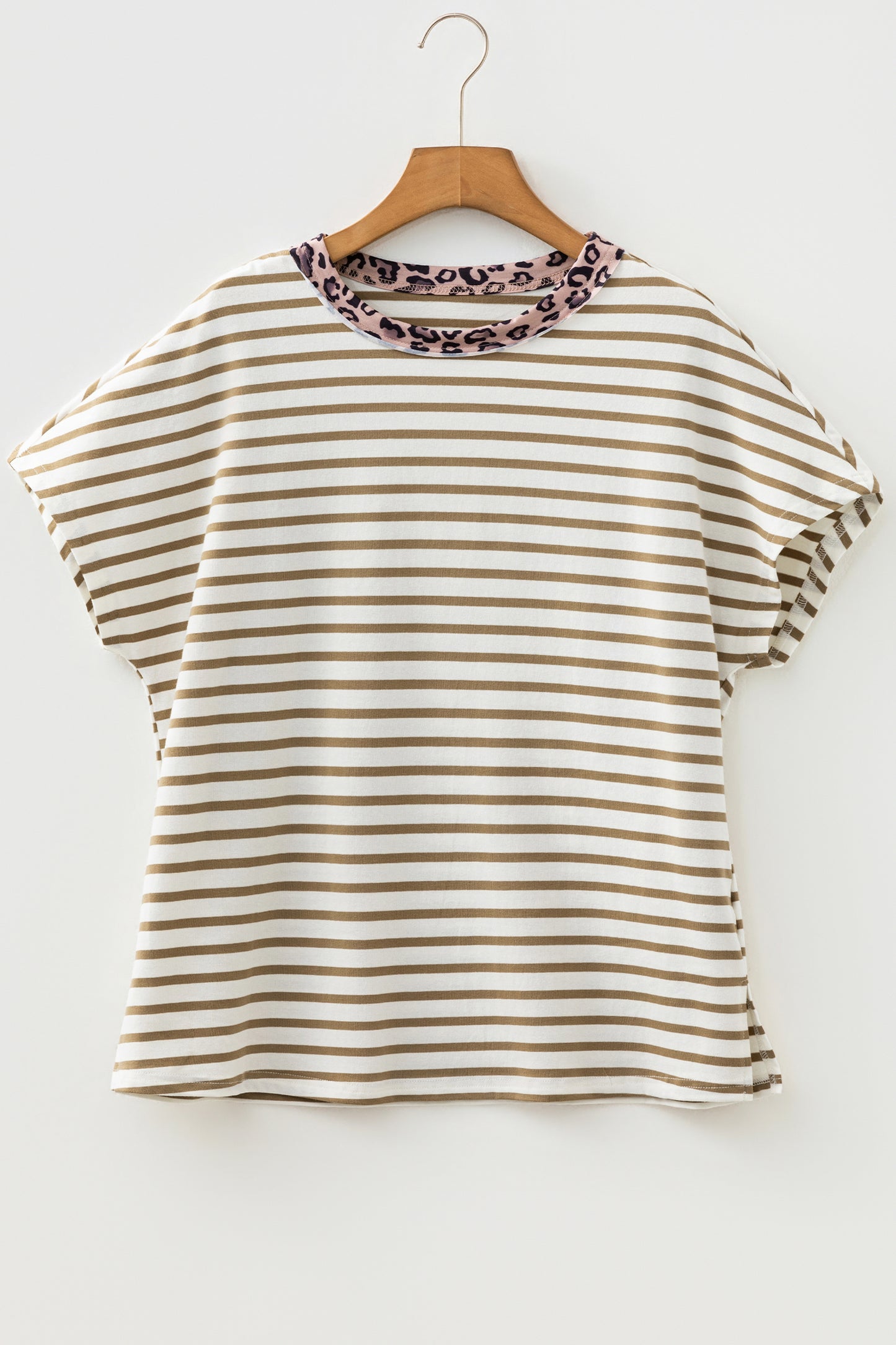 Stripe Leopard Patchwork Round Neck Loose T Shirt
