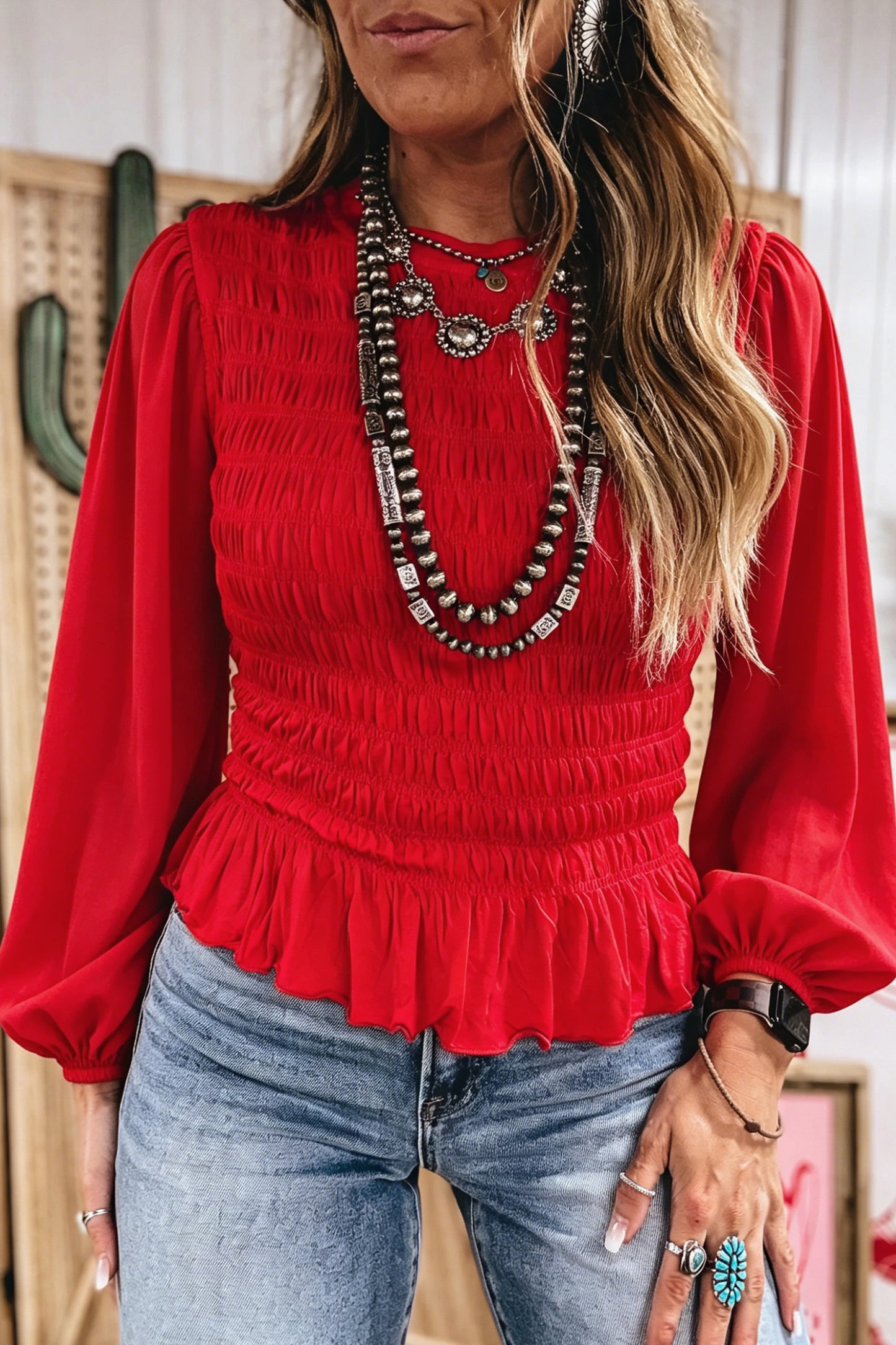 Smocked Ruffle Hem Long Sleeve Blouse