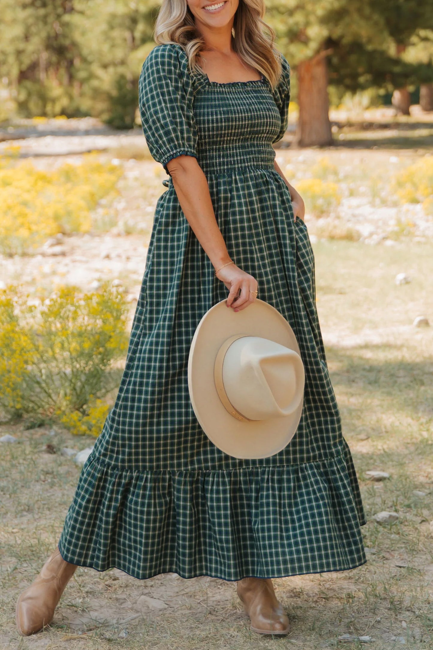 Green Plaid Square Neck Dress