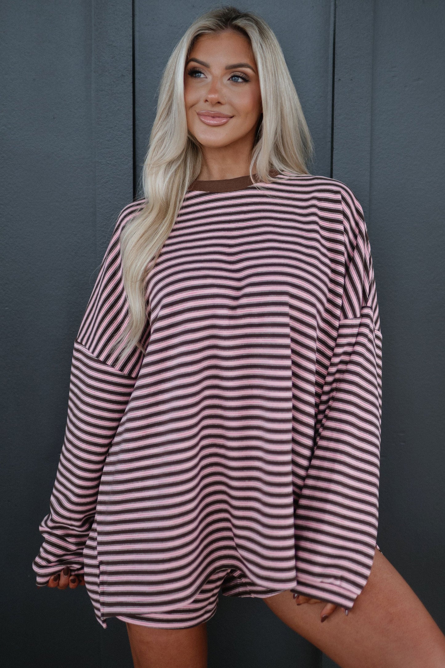 Stripe Long Sleeve Oversized Top & Shorts Set