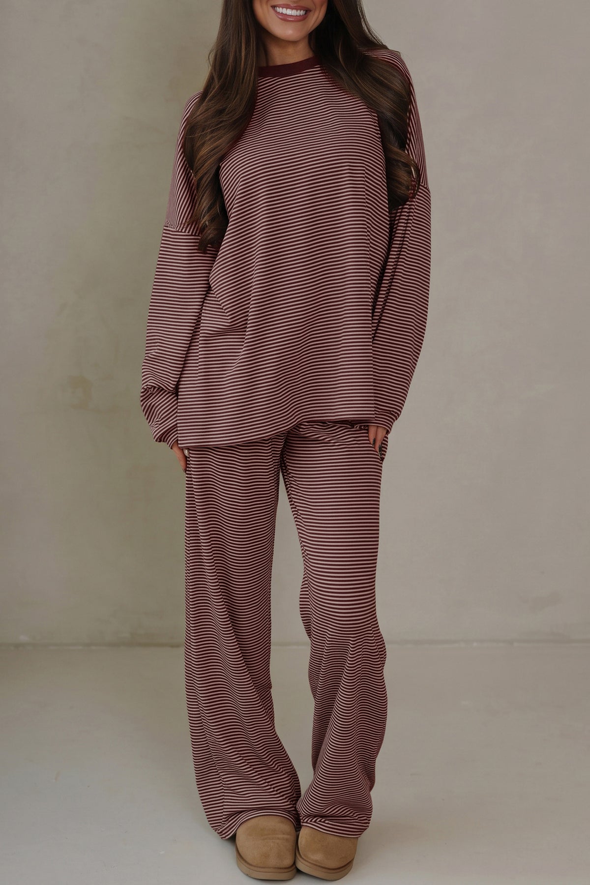 Contrast Oversize Long Sleeve Top 2pcs Pant Set