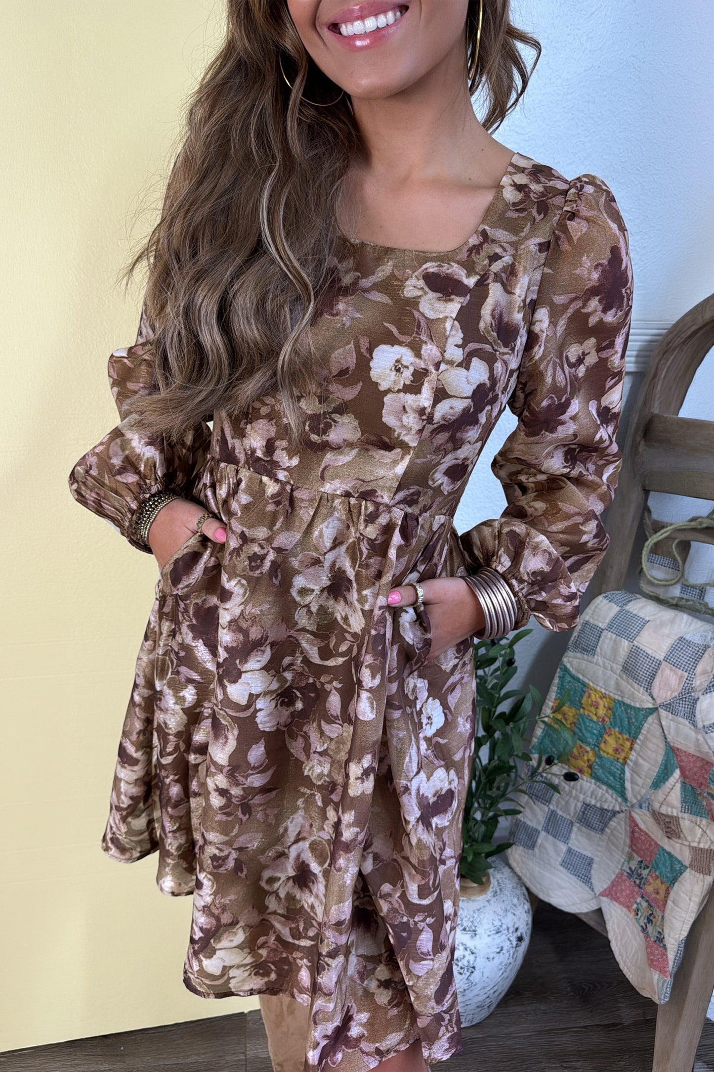 Brown Floral Print Mini Shift Dress