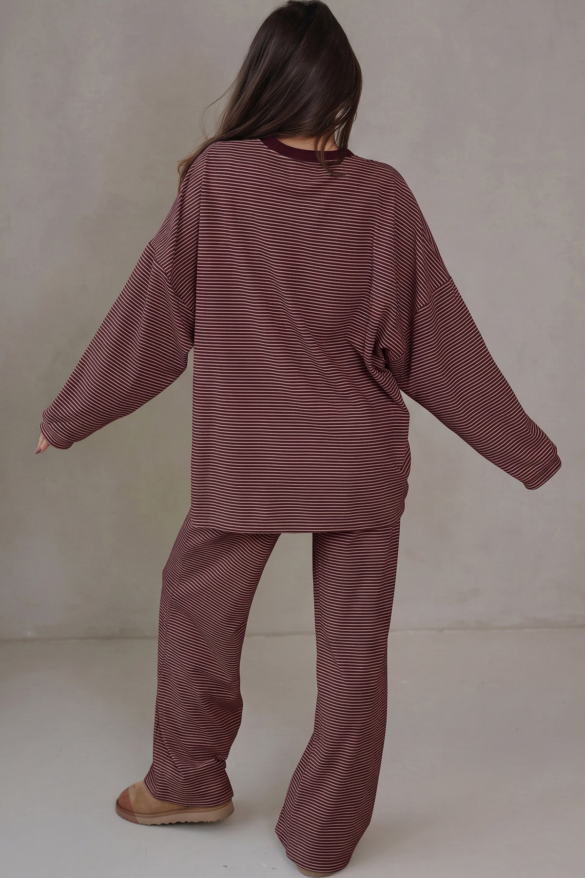 Contrast Oversize Long Sleeve Top 2pcs Pant Set