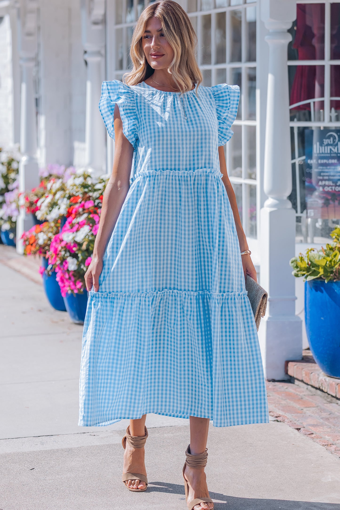 Sky Blue Short Sleeve Gingham Maxi Dress