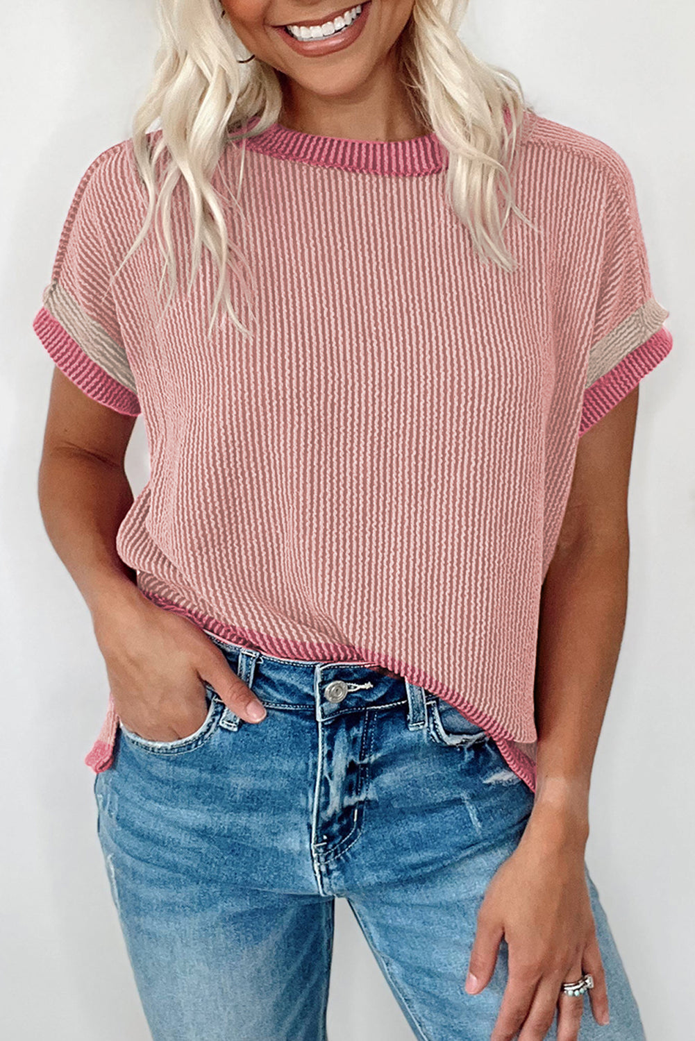 Pink Textured Contrast Trim Round Neck T Shirt