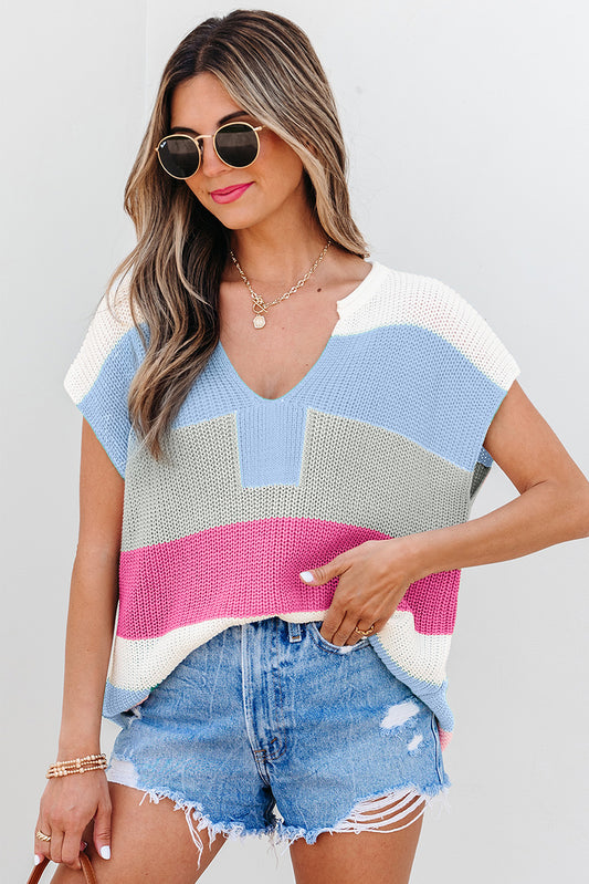 Color Block Notch V Neck Sweater T Shirt