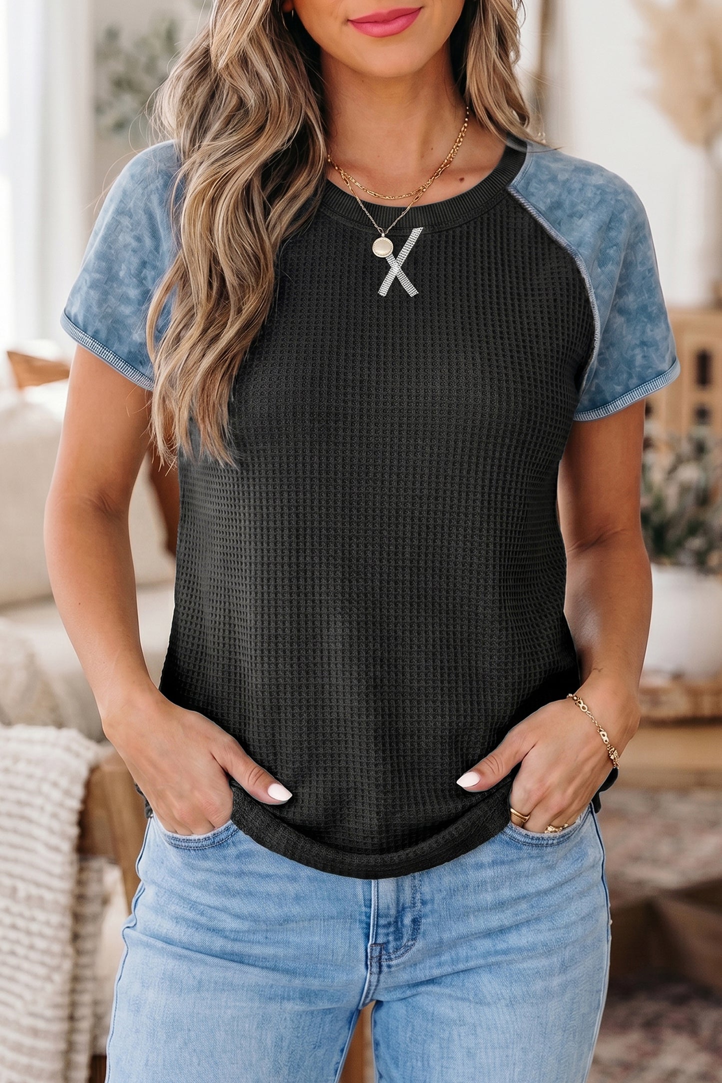 Waffle Knit Seam Detail Color Block Patchwork Short Sleeve Top