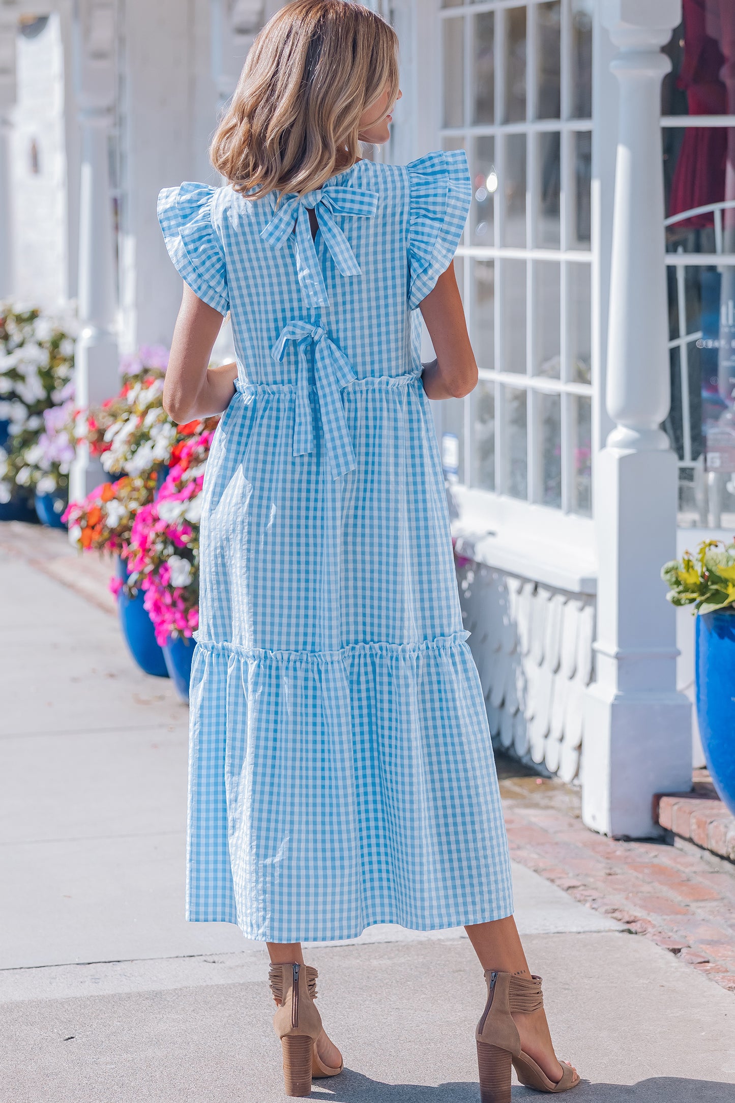 Sky Blue Short Sleeve Gingham Maxi Dress
