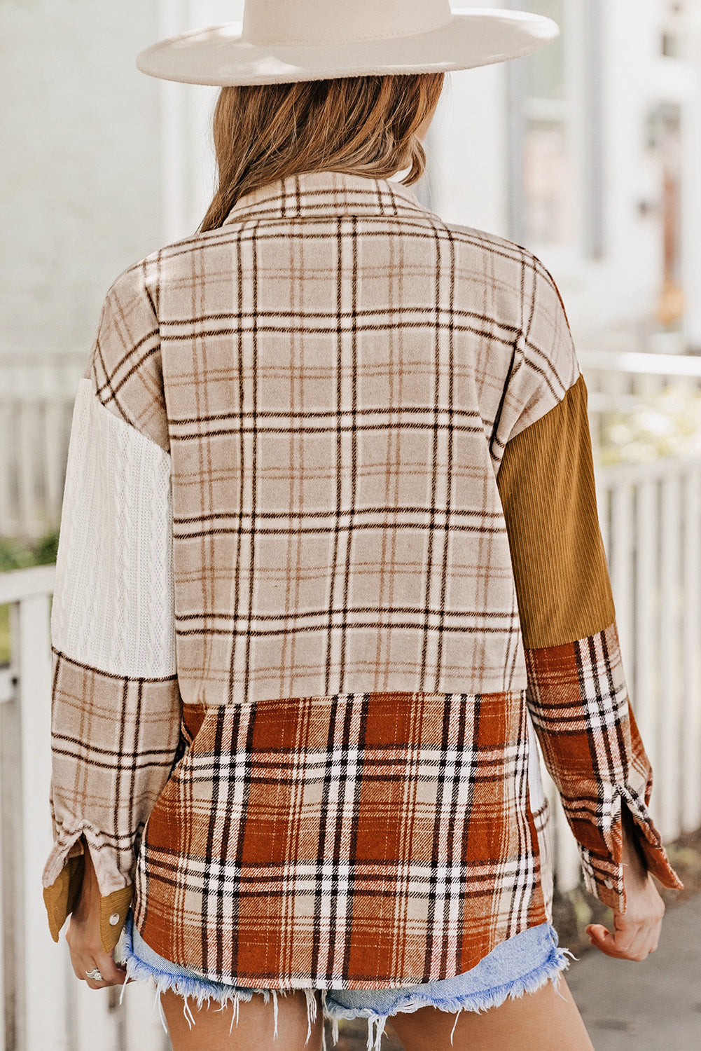 Orange Plaid Color Block Patchwork Shirt