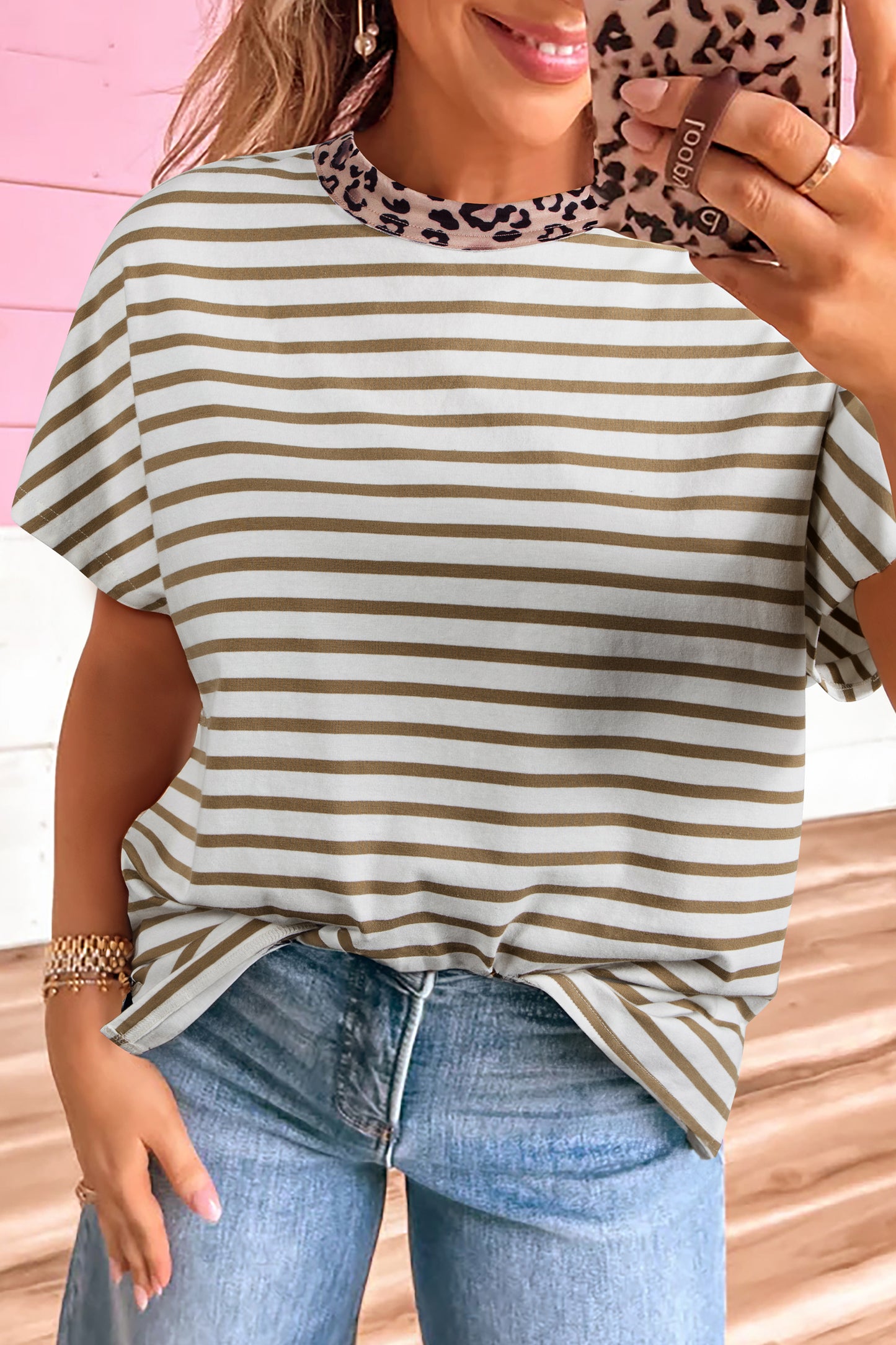 Stripe Leopard Patchwork Round Neck Loose T Shirt