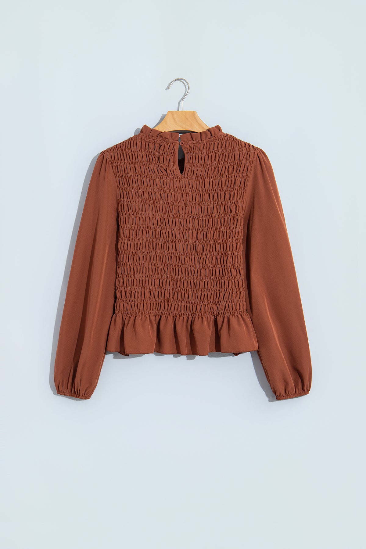 Smocked Ruffle Hem Long Sleeve Blouse