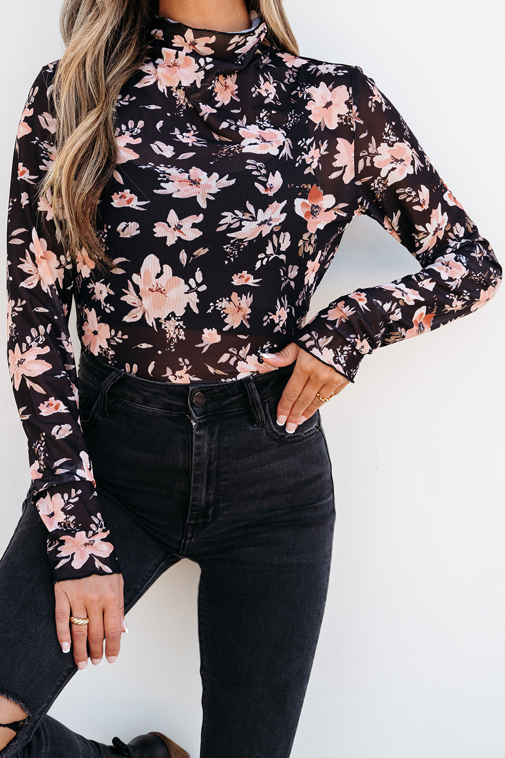 Black Floral Mesh Mock Neck Long Sleeve
