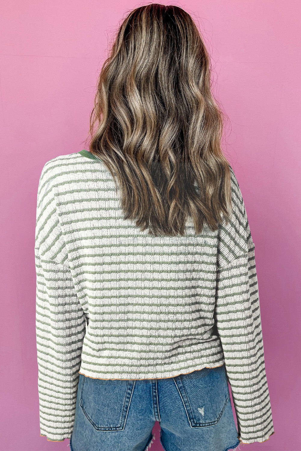 Textured Frilly Trim Buttons Henley Long Sleeve Top