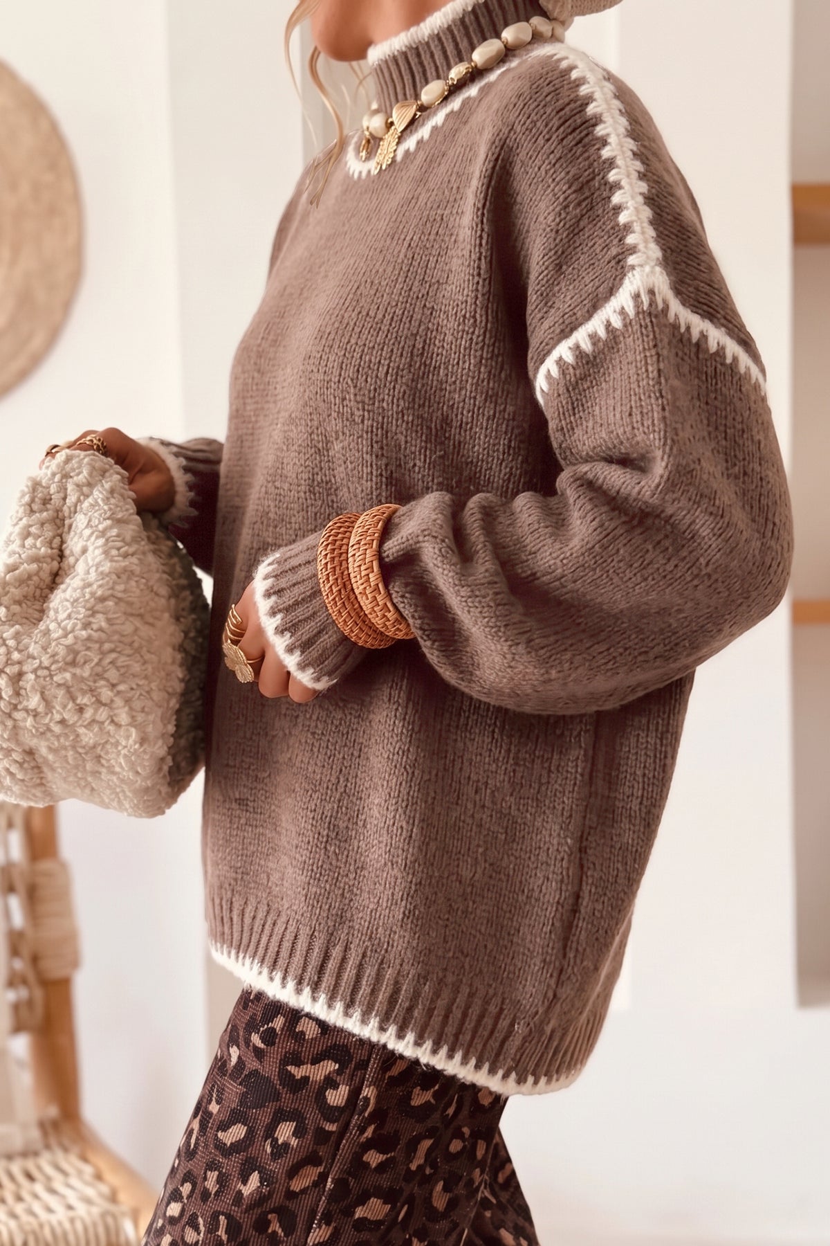 Contrast Trim Mock Neck Sweater